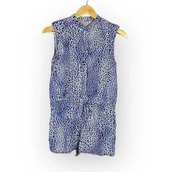 REBECCA TAYLOR Leo Fever Romper Women's 6 Silk Blue White Leopard Sleeveless - Picture 3 of 11